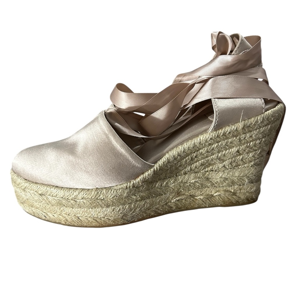Tory Burch Blush Pink Satin Espadrille Wedge Sandals - Picture 5 of 6